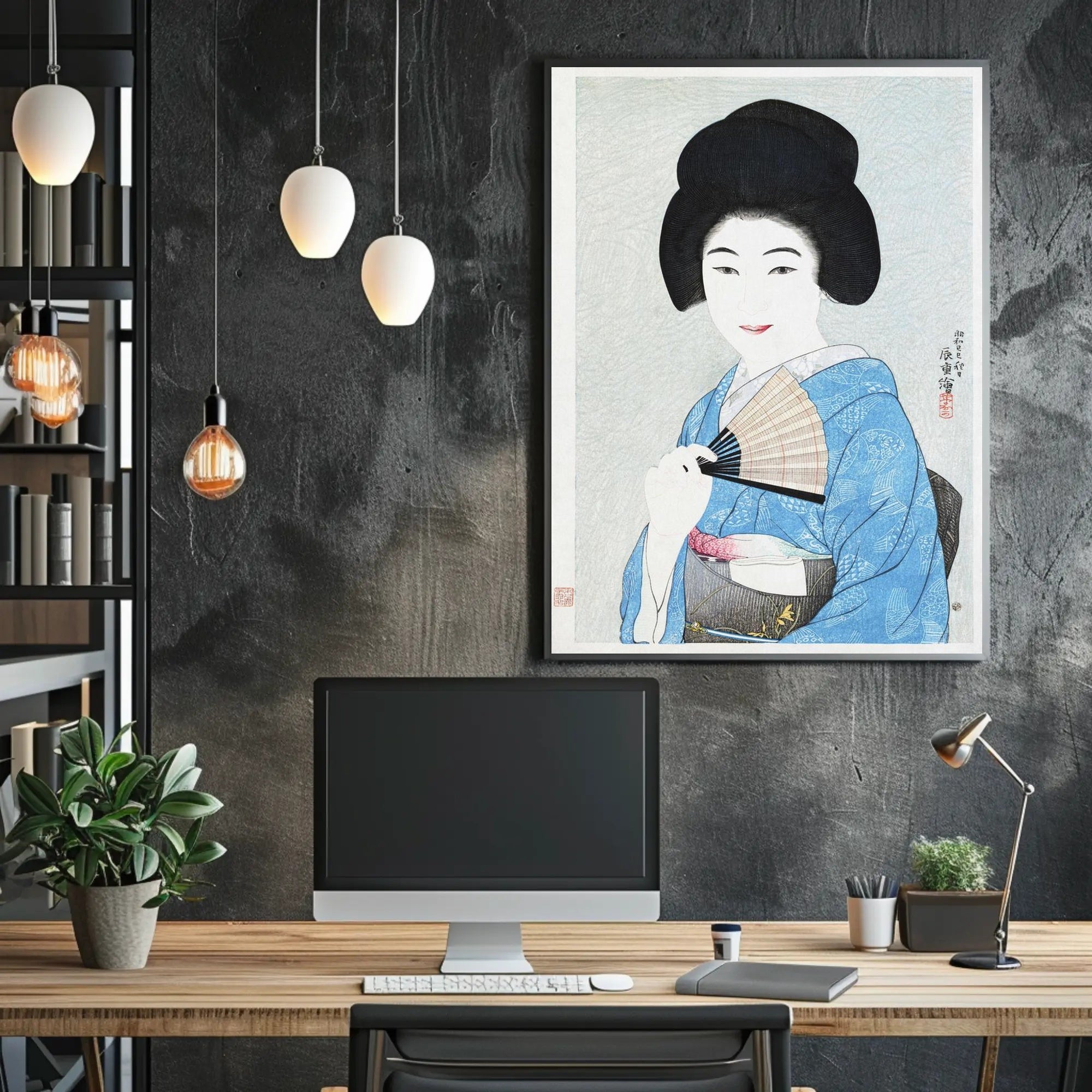 Portrait of Elegance: Traditional Japanese Woman in Blue Kimono Poster