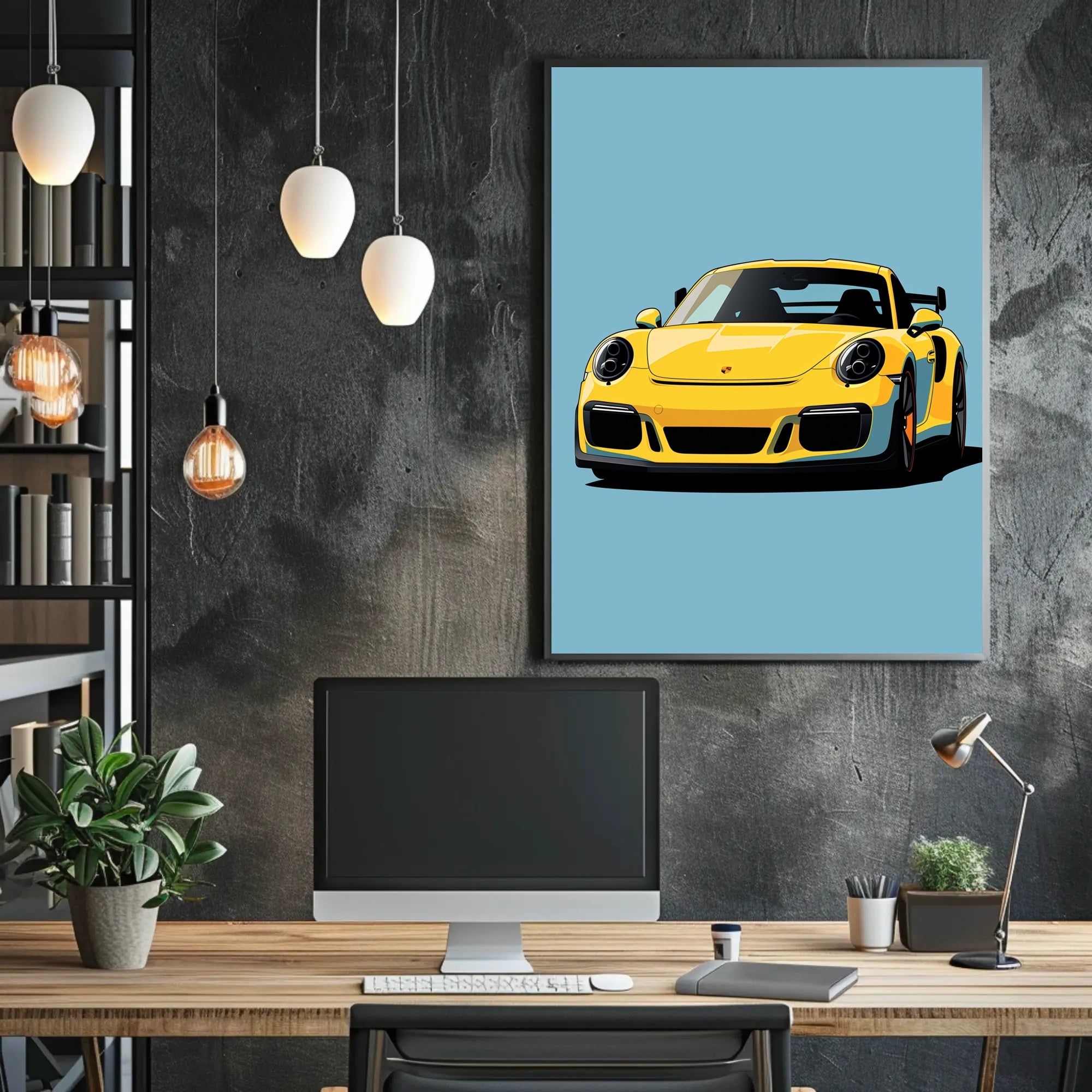 Vibrant Yellow Sports Car Illustration Poster PosterGoat