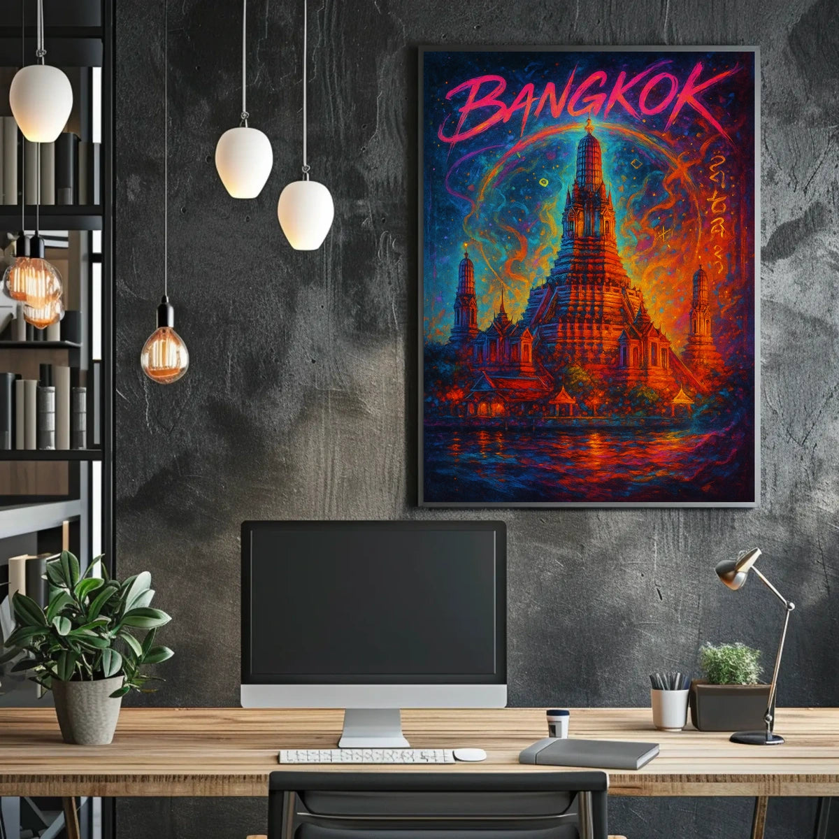 This vibrant poster art depicts an iconic temple in Bangkok, Thailand, likely the Travel Poster