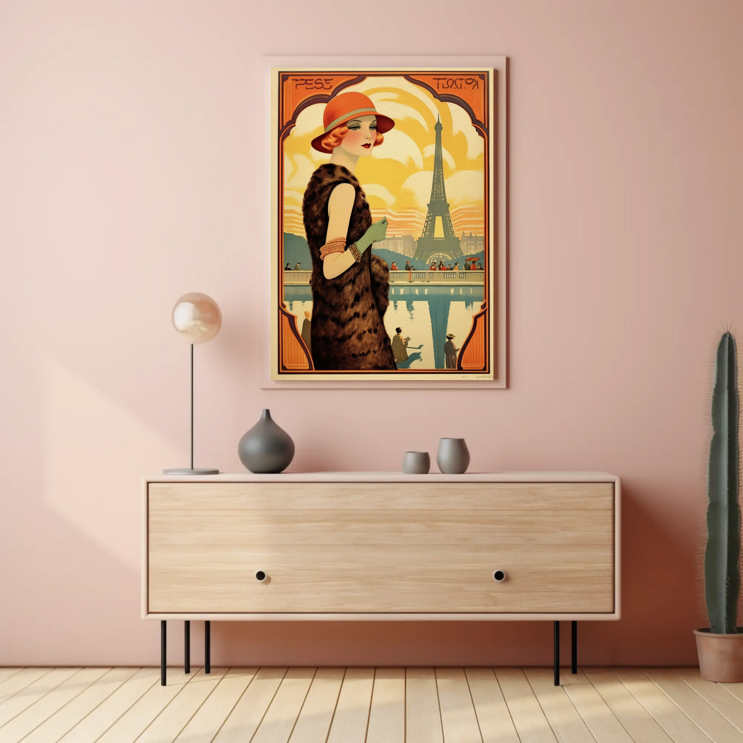 Paris Eiffel Tower Art Deco Lady Fashion Travel Poster