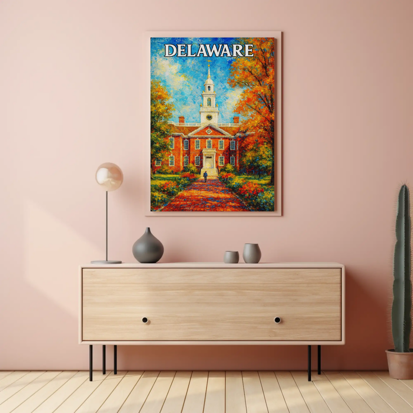 Delaware Brick Capitol Autumn Trees Travel Poster