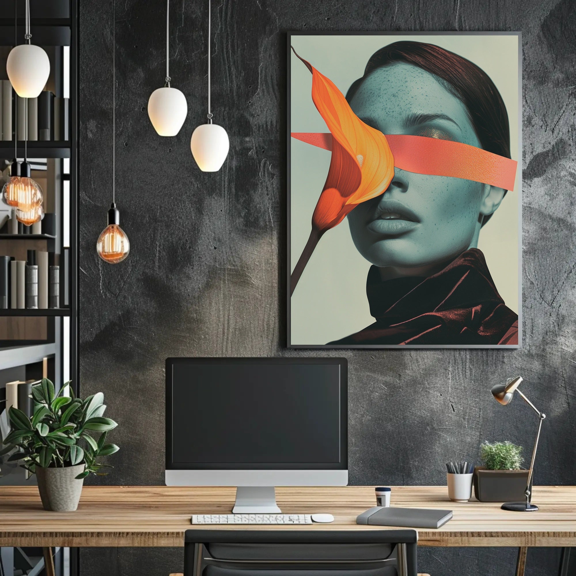 Surreal Blue Portrait with Orange Calla Lily Art Poster PosterGoat
