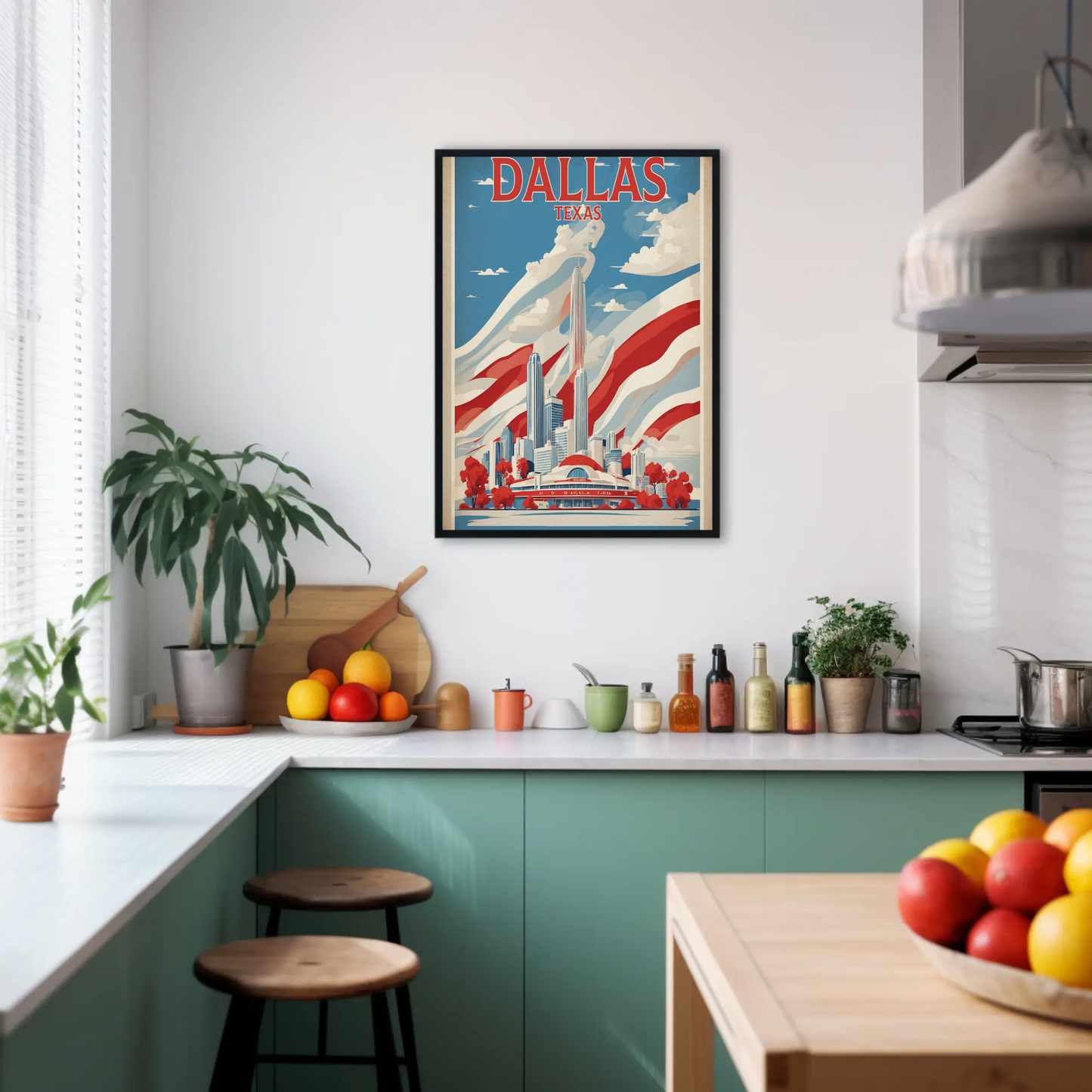 Dallas Texas Skyline Red White Blue Vintage Travel Poster