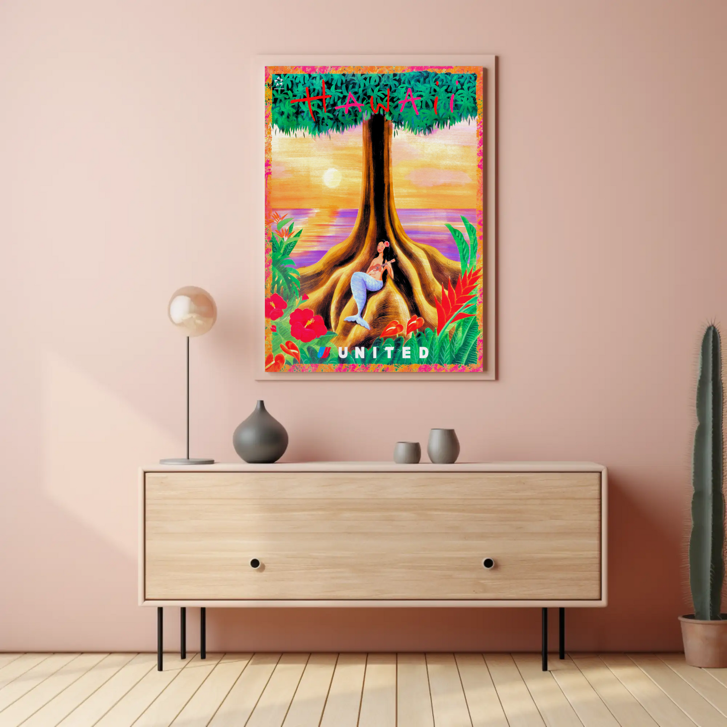 Hawaii Mermaid Tree Sunset United Travel Poster
