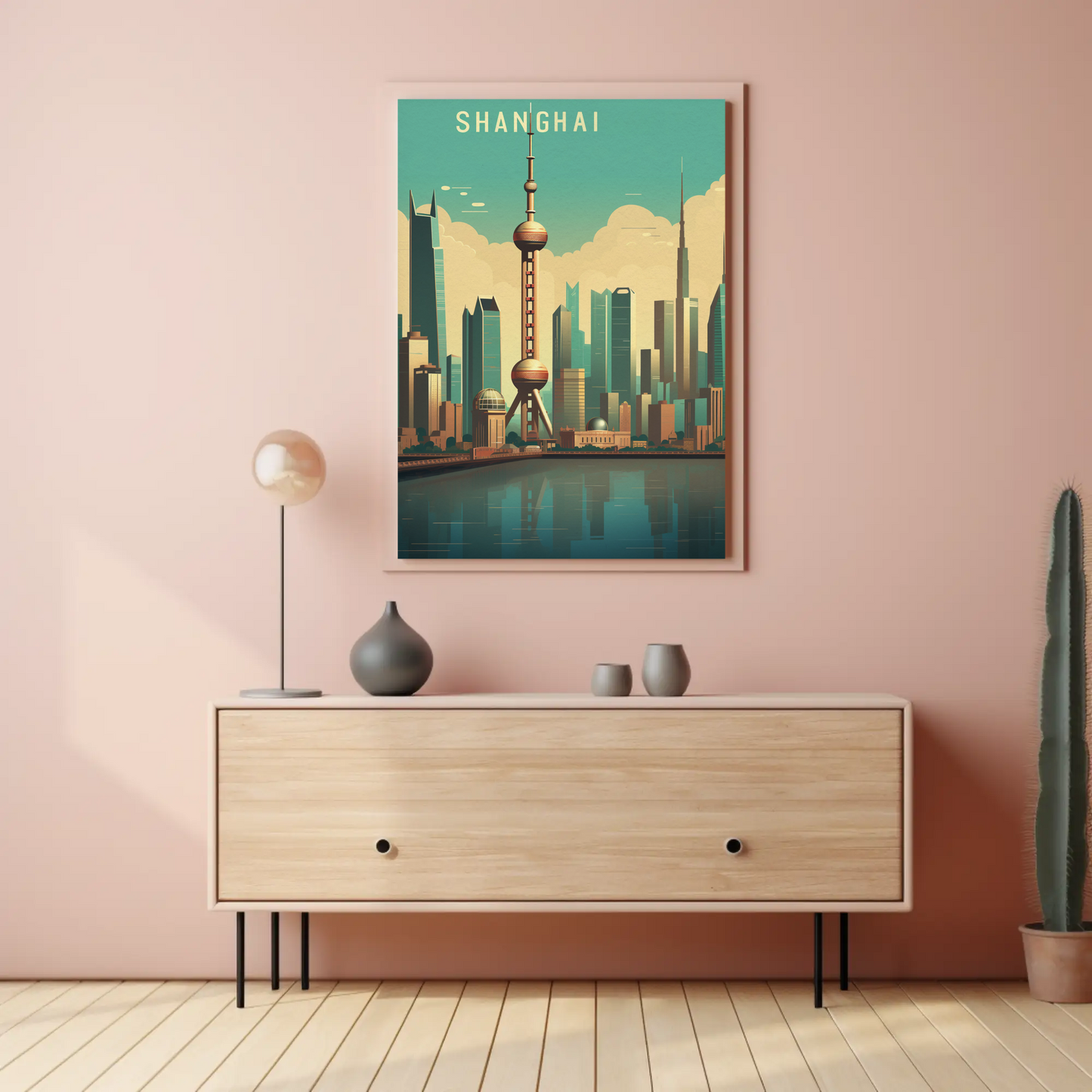 Shanghai China Futuristic Skyline Reflection Travel Poster