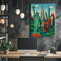 New York City Skyline Liberty Poster Retro Wall Art