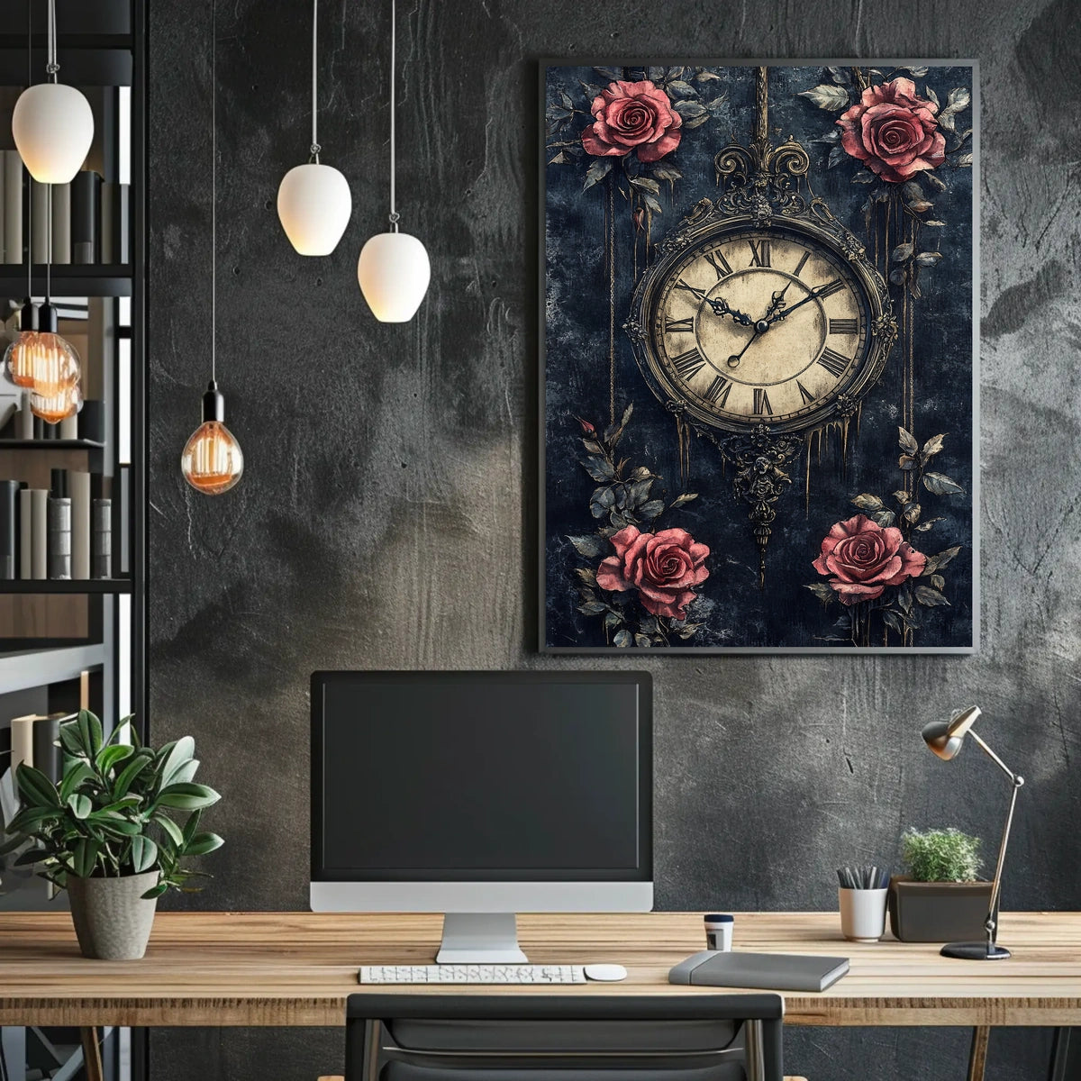 Vintage Clock and Roses Artistic Wall Art Poster