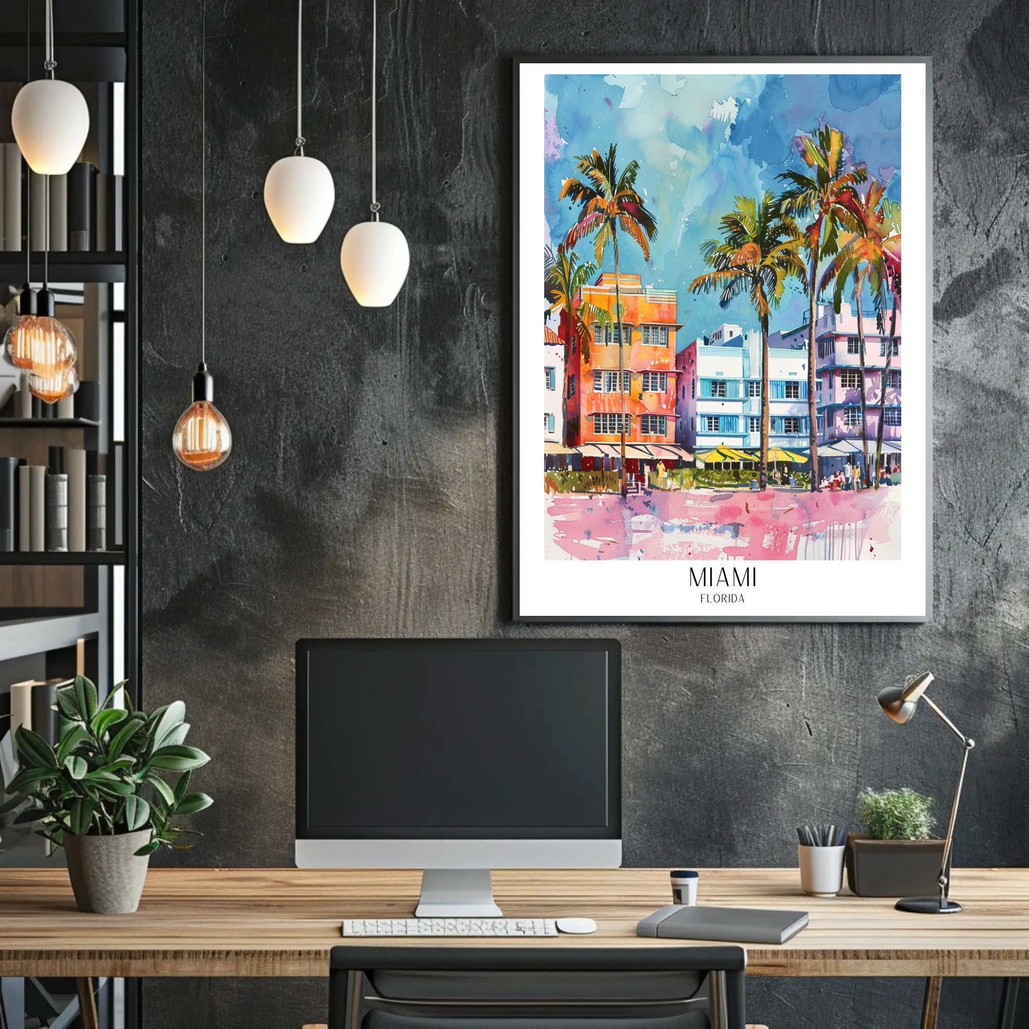 Miami Art Deco Street Scene Vibrant Travel Poster PosterGoat