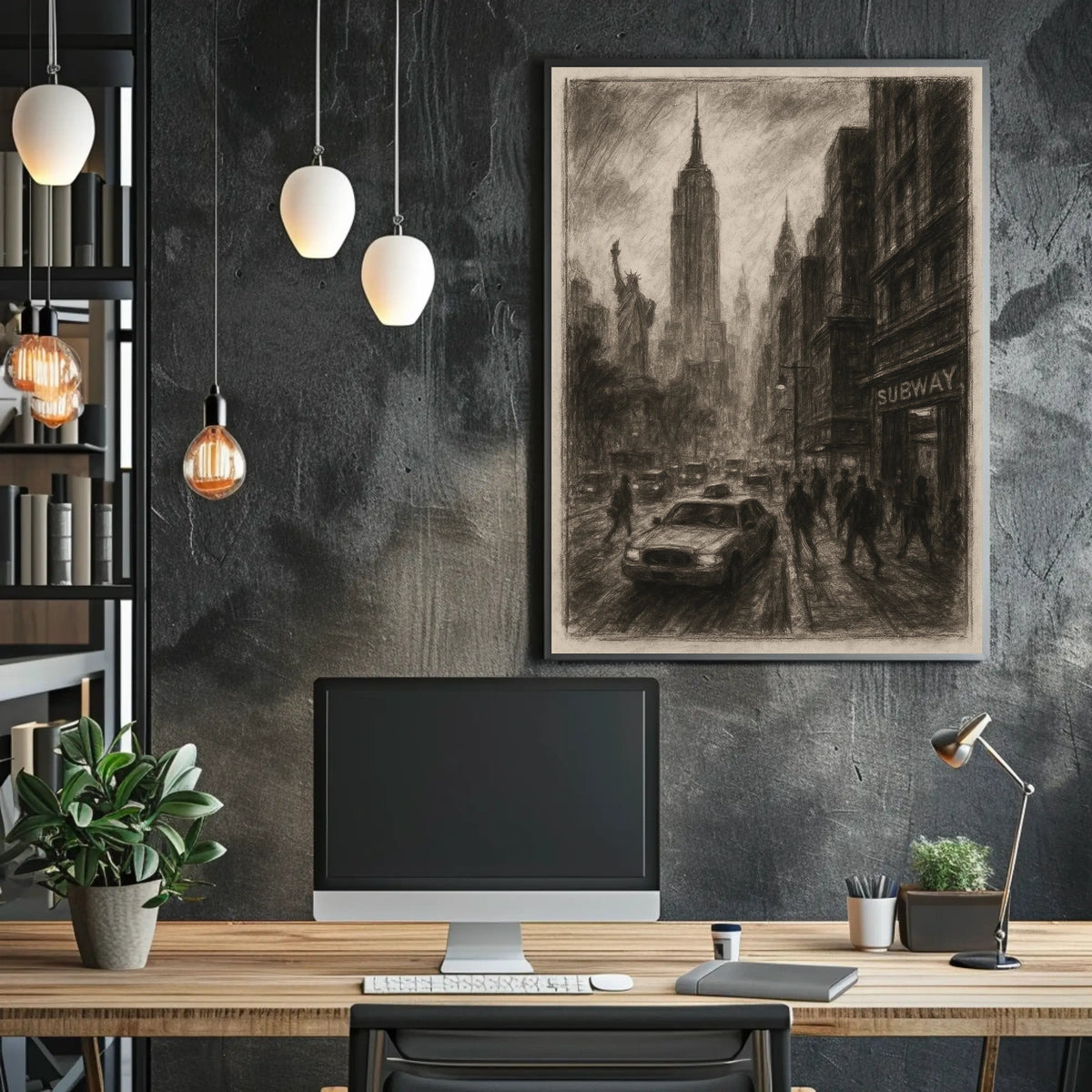 Charcoal Cityscape Of New York Poster Vintage Wall Art