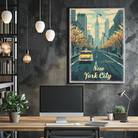 New York City Autumn Taxi Skyline Poster Vintage Wall Art