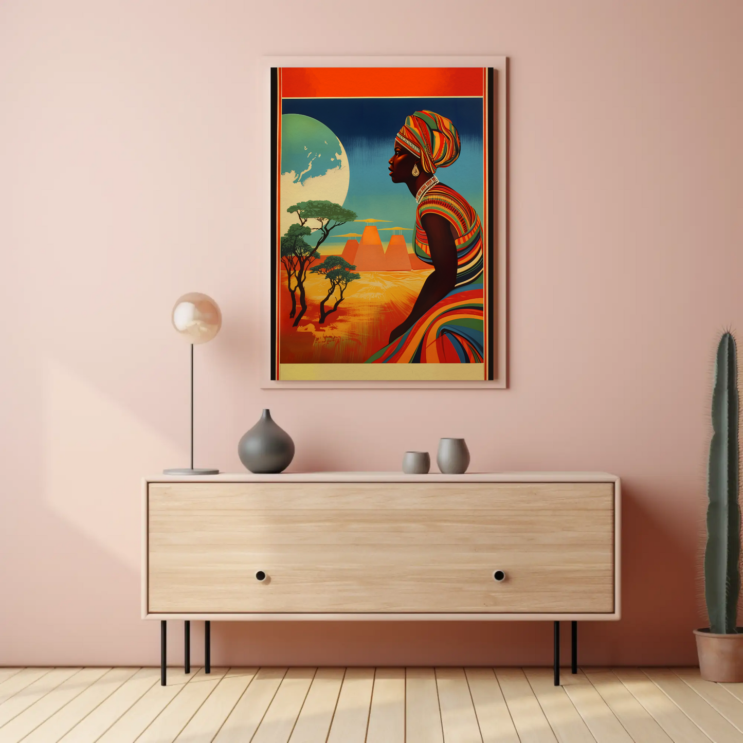 African Woman Desert Moon Landscape Travel Poster