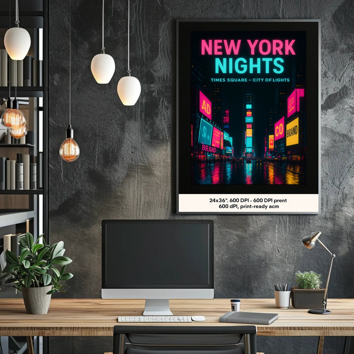 Vibrant Neon Nightscape in Times Square Urban Cityscape Poster