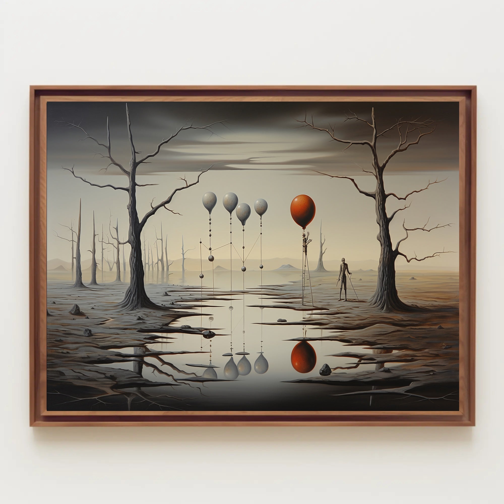 Surreal Landscape with Balloons and Figure Artistic Poster