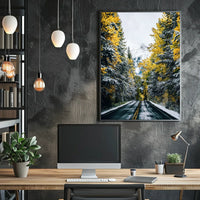 Autumnal Forest Road with Snow-Capped Mountain Poster