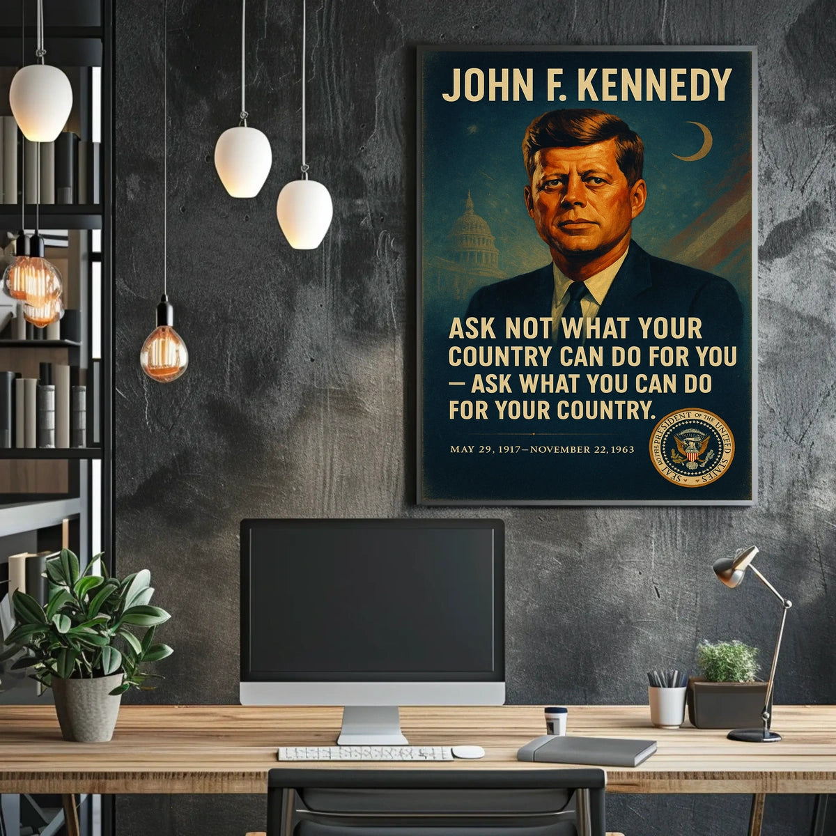 JFK Inspirational Patriotic Vintage Poster with Quote