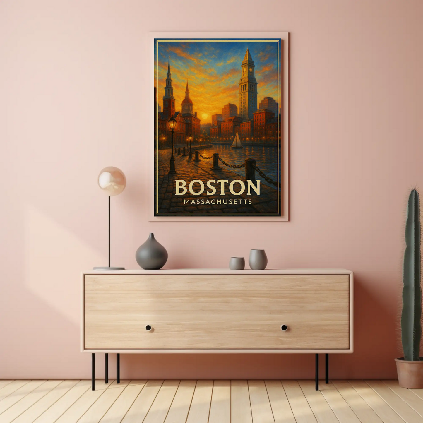 Boston Massachusetts Sunset Harbor Cityscape Travel Poster