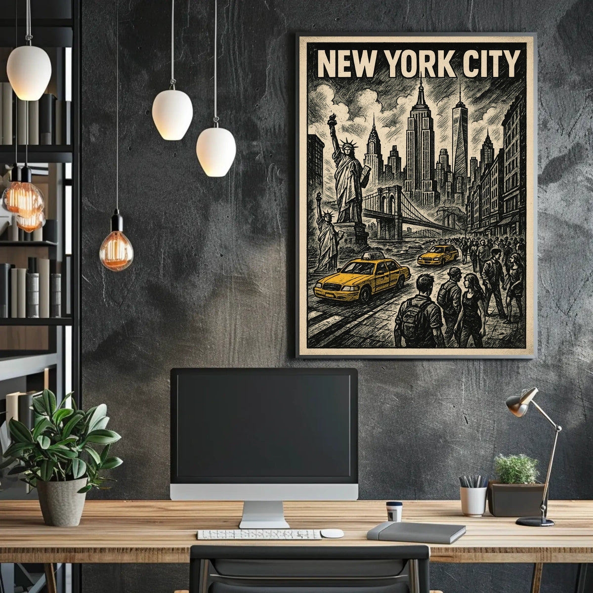 New York City Poster Vintage Travel Skyline Sketch Wall Art