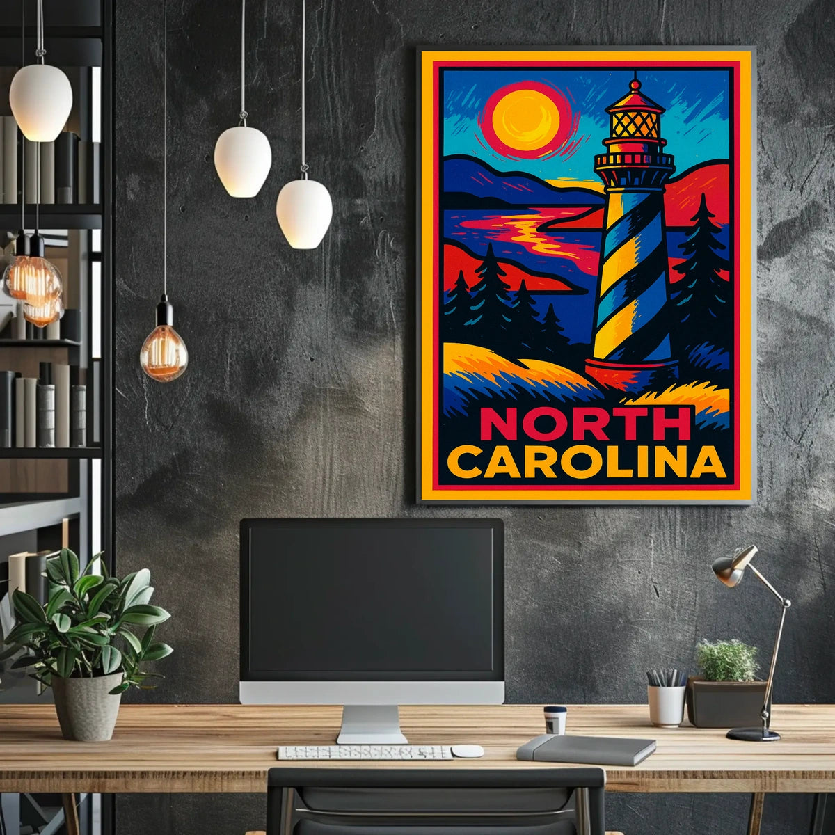 North Carolina Lighthouse Wanderlust Vintage Poster