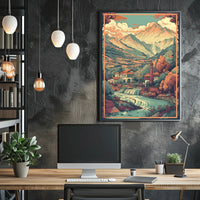 Serene Mountain Village: Tranquil Escape with Cascading River Poster