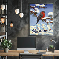 Vibrant Bullfinch Snowy Swiss Landscape Travel Poster PosterGoat
