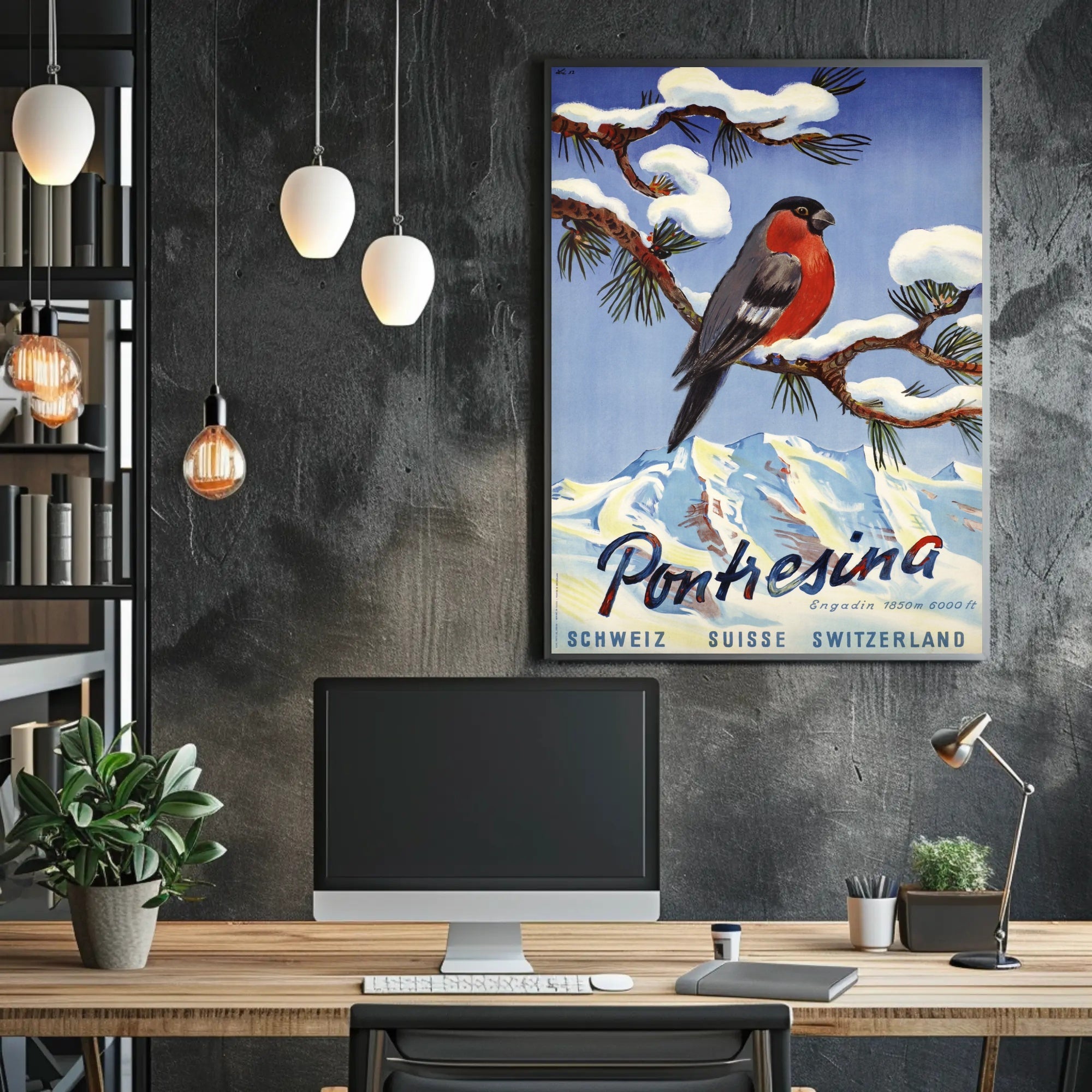 Vibrant Bullfinch Snowy Swiss Landscape Travel Poster PosterGoat
