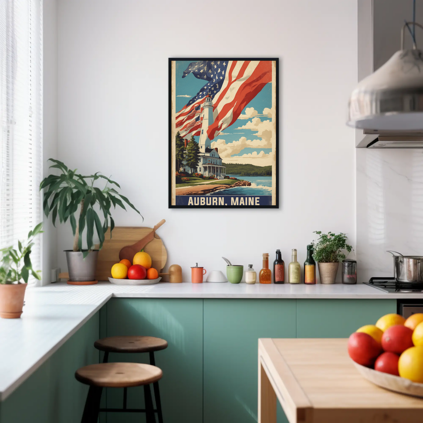 Auburn Maine Lighthouse Coastal Home Vintage Travel Poster