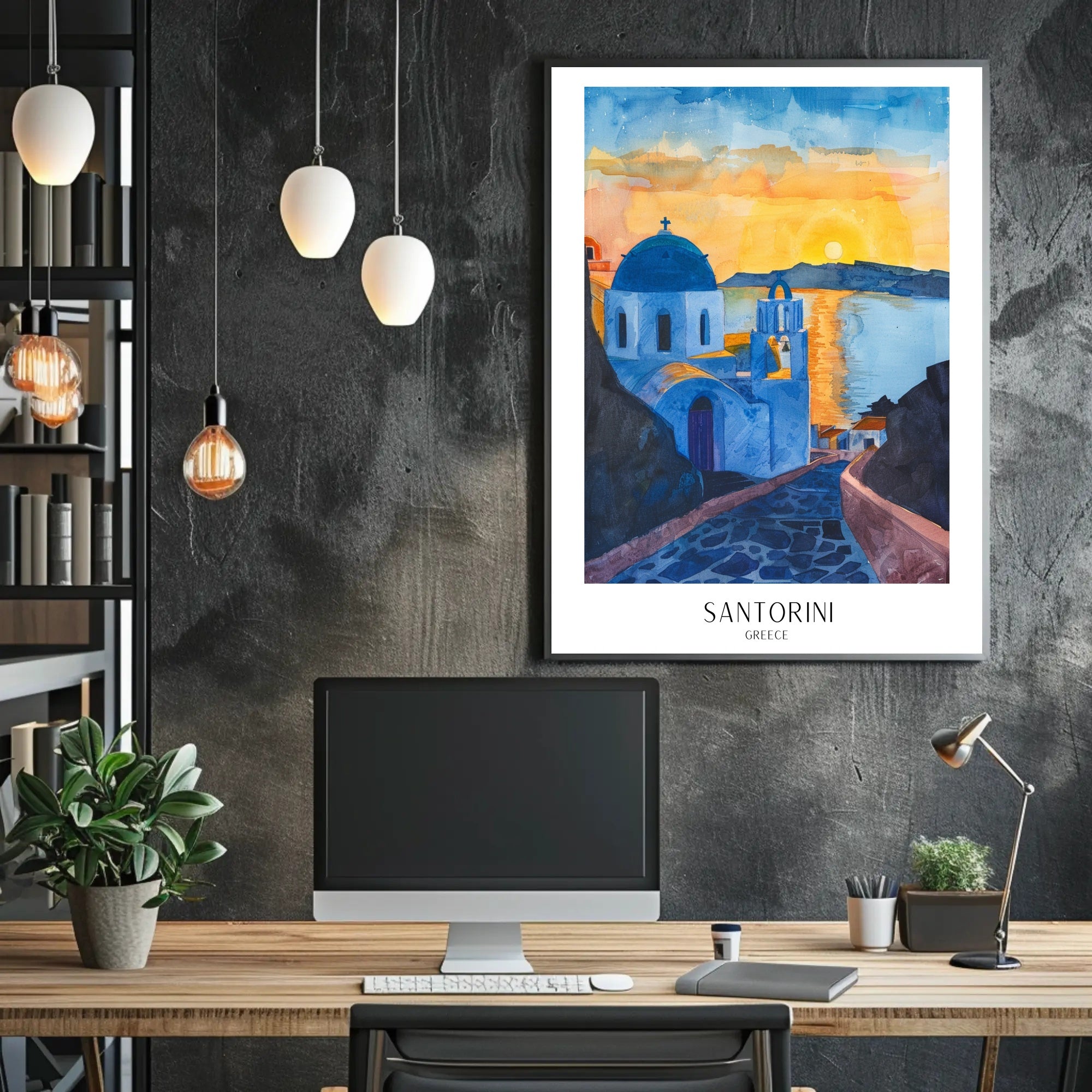Santorini Sunset Watercolor Travel Poster PosterGoat