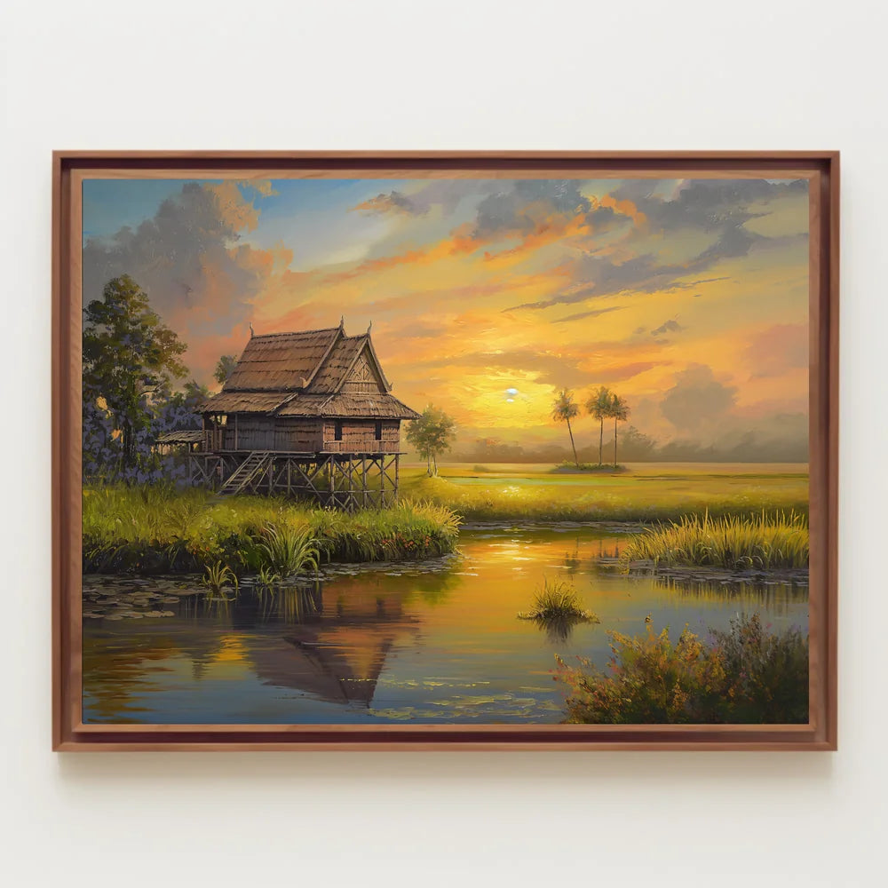 Serene Southeast Asian Sunset Rural Scene Poster