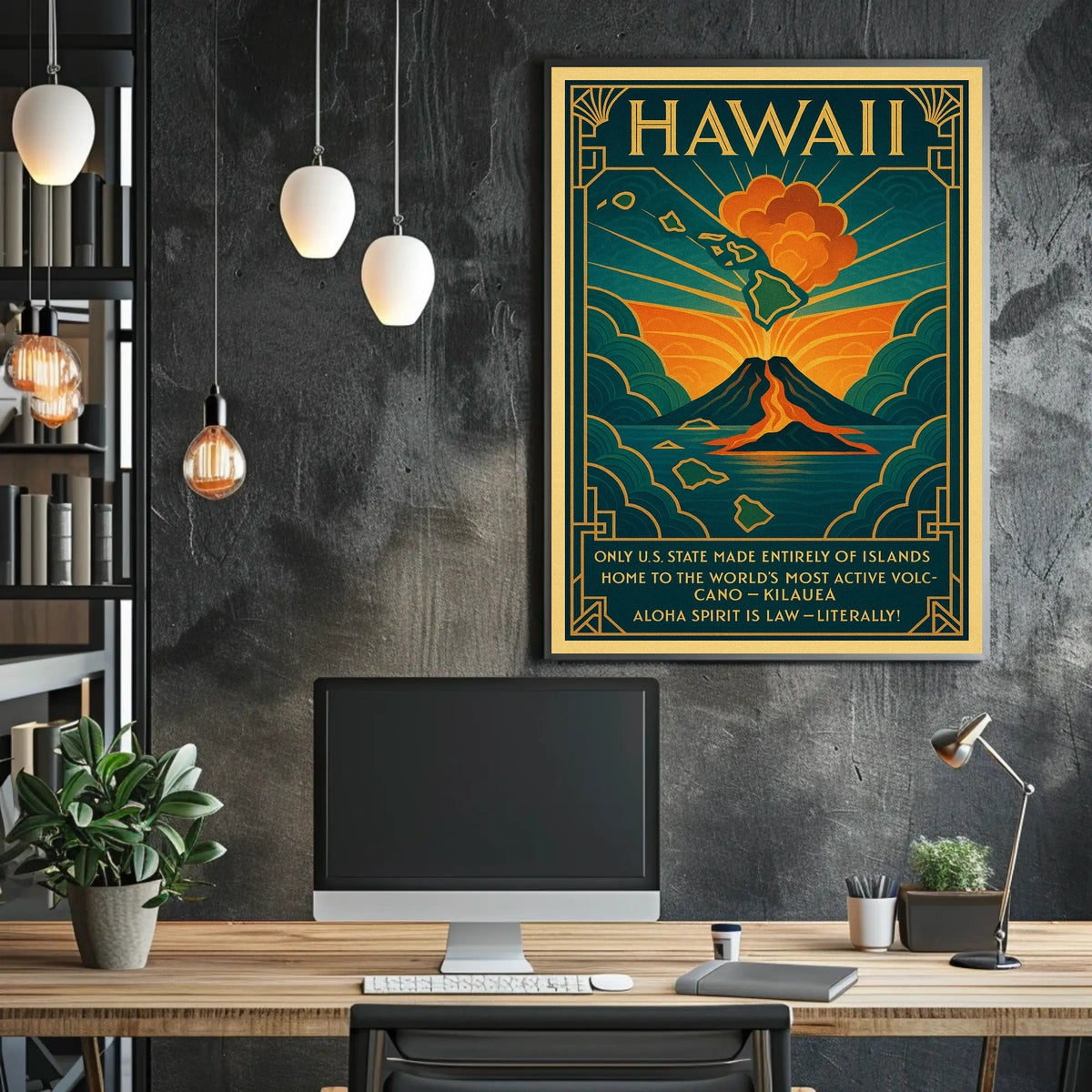 Hawaii Volcano Vintage Travel Poster Art Deco Style