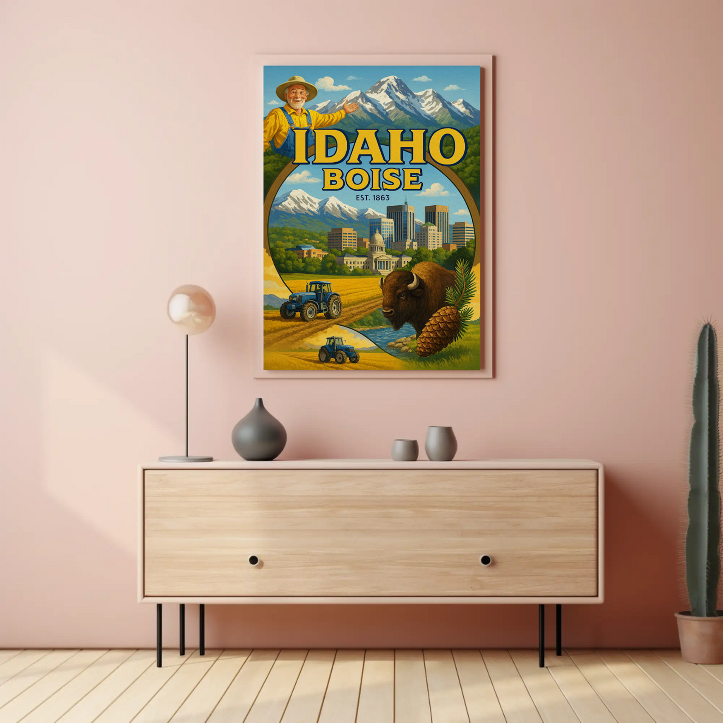 Boise Idaho Cityscape Buffalo Mountain Farm Travel Poster
