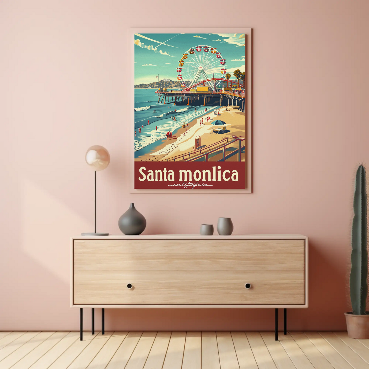 Santa Monica California Ferris Wheel Oceanfront View Travel Poster