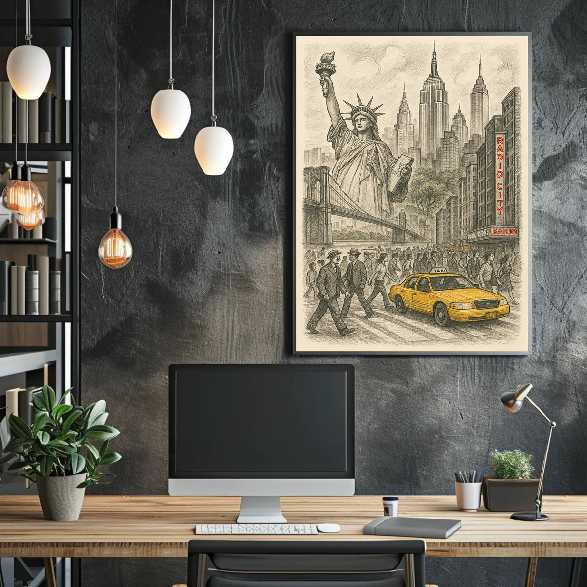 New York City Iconic Landmarks Poster Vintage Wall Art