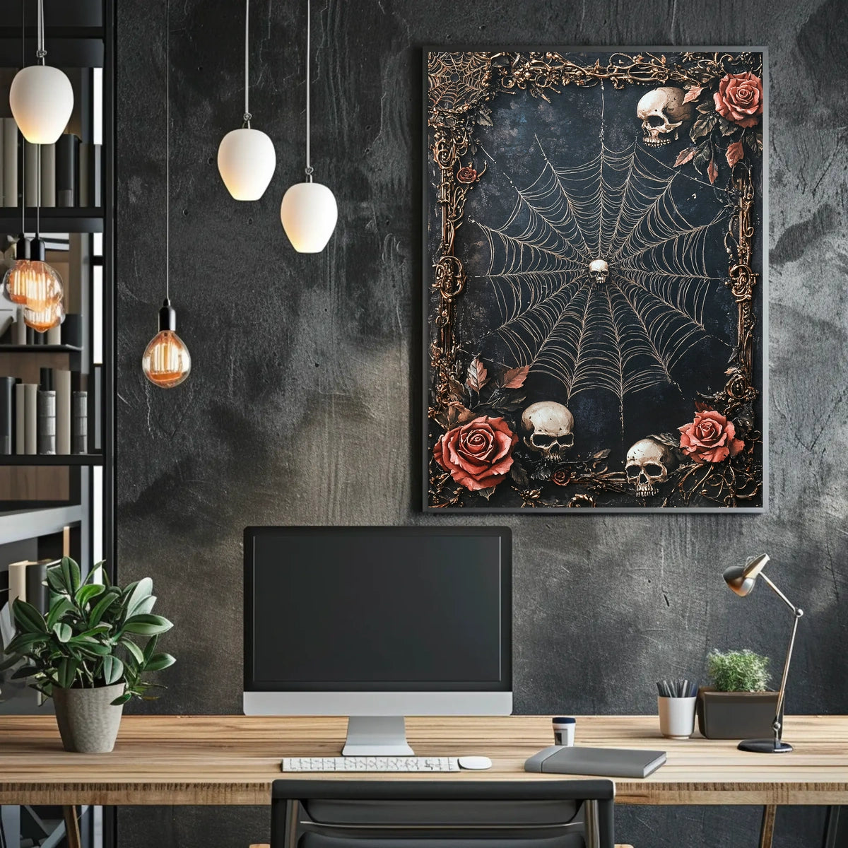 Gothic Skull Spider Web Art Poster - Abstract and Artistic Poster