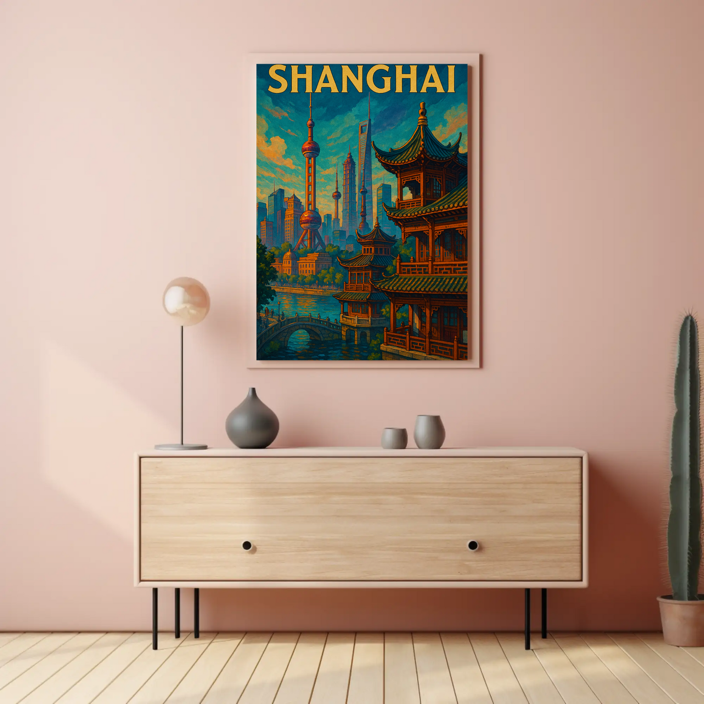 Shanghai Skyline River Pagoda Travel Poster