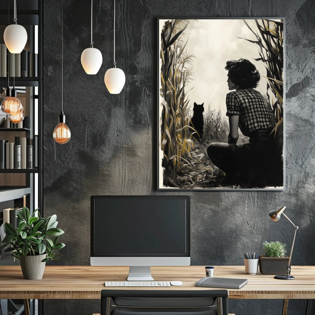 Woman and Cat in Cornfield Vintage Monochromatic Poster