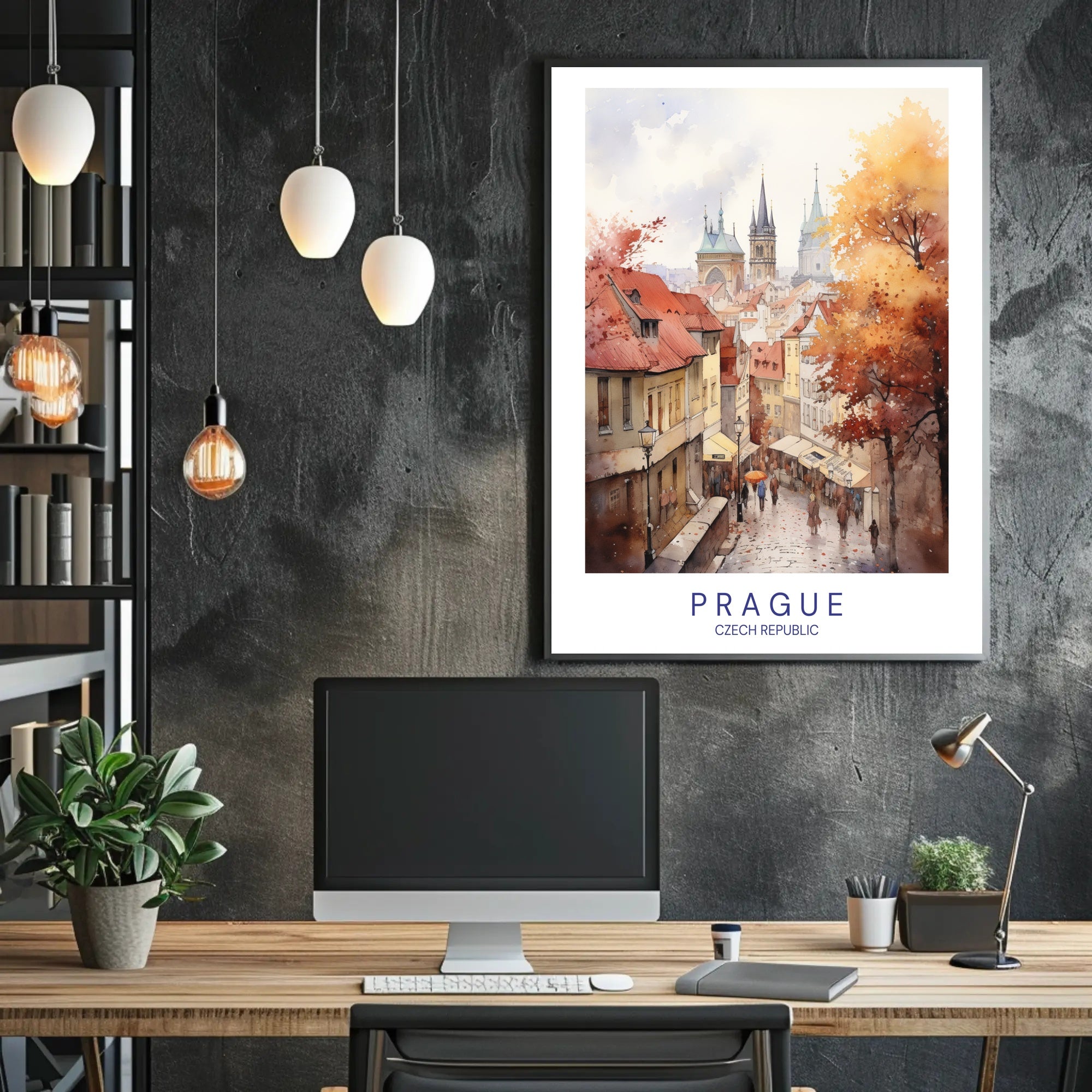 Prague Autumn Watercolor Illustration Urban or Cityscape Poster PosterGoat