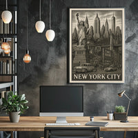 New York City Landmarks Engraved Poster Vintage Wall Art