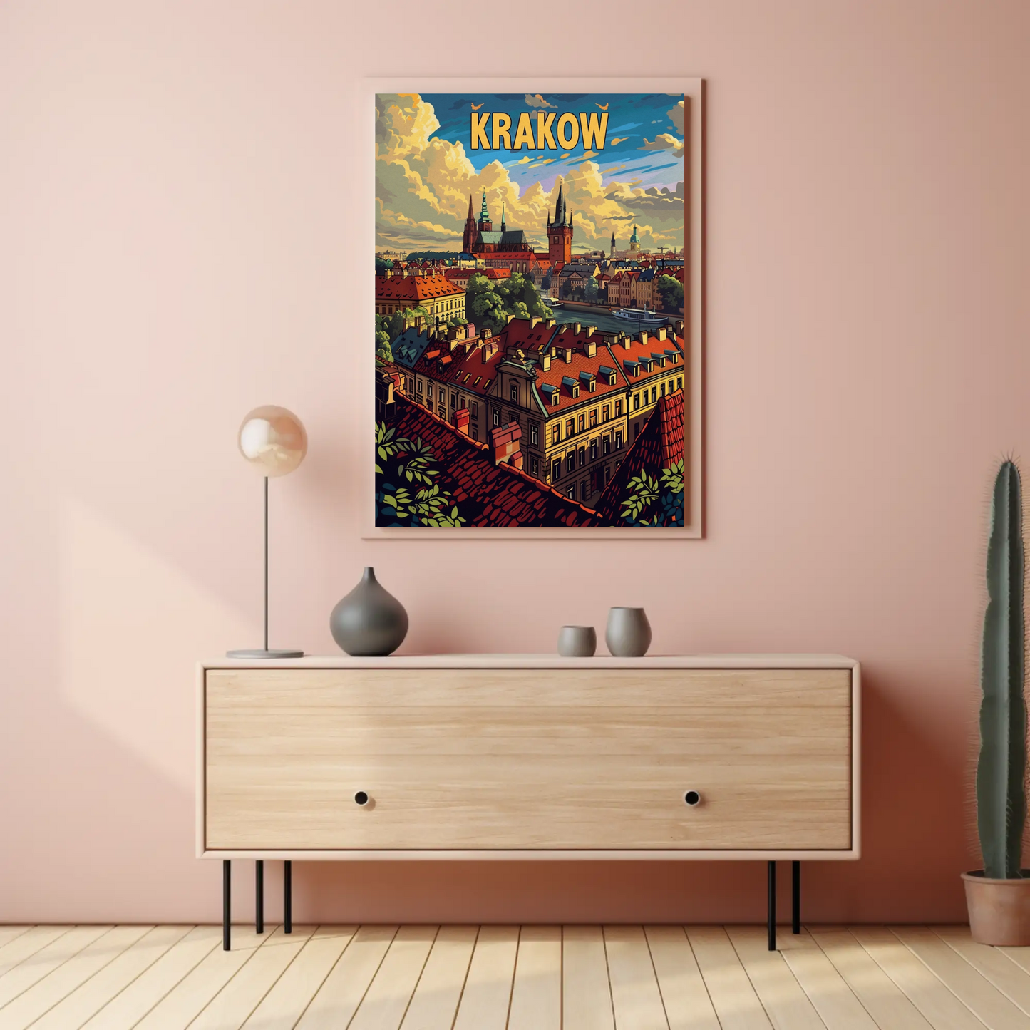 Evening Skyline Krakow Poland Travel Poster