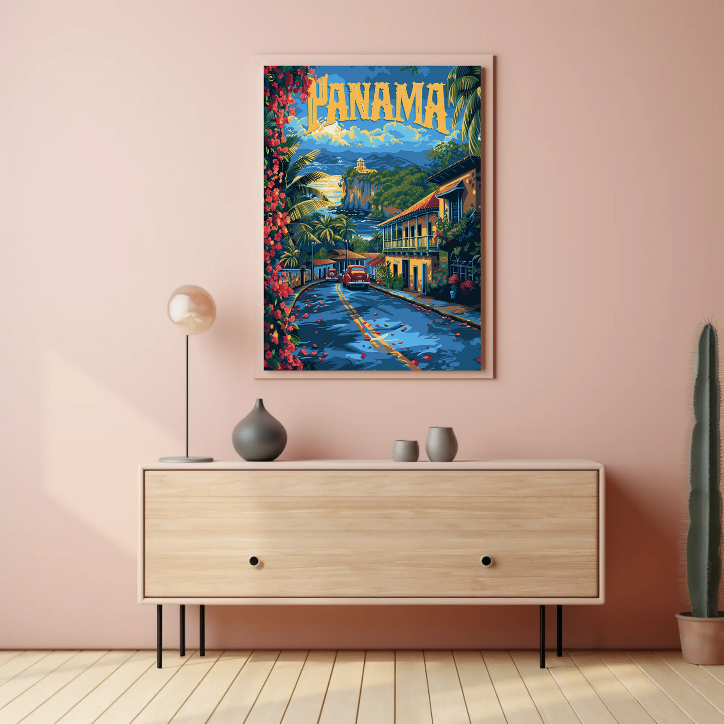 Panama Coastal Cliffs Village Retro Street View Travel Poster