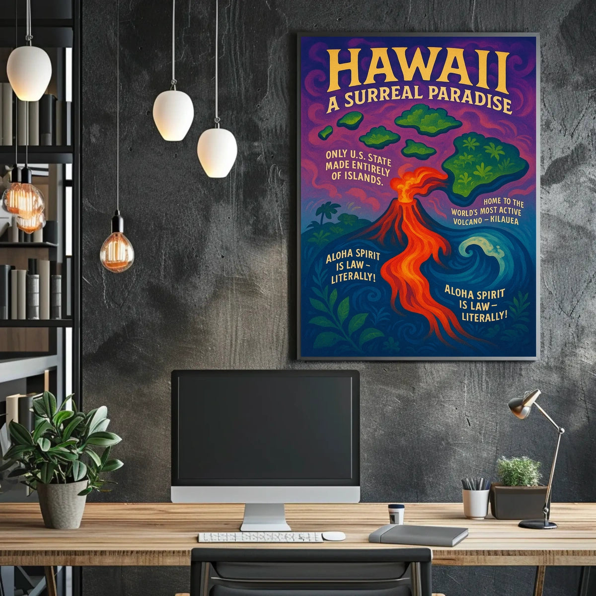The poster features a vibrant and surreal depiction of Hawaii. The core subject Travel Poster
