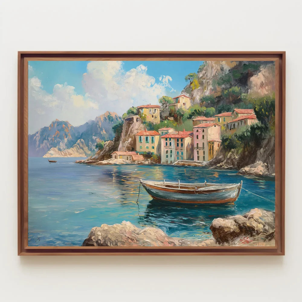 The poster showcases a scenic coastal village, likely inspired by the Mediterranean region, Travel Poster