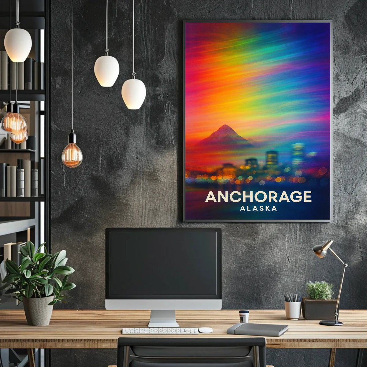 Anchorage Skyline Northern Lights Dreamlike Surreal Poster
