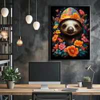 Floral Fiesta Joyful Sloth Whimsical Poster