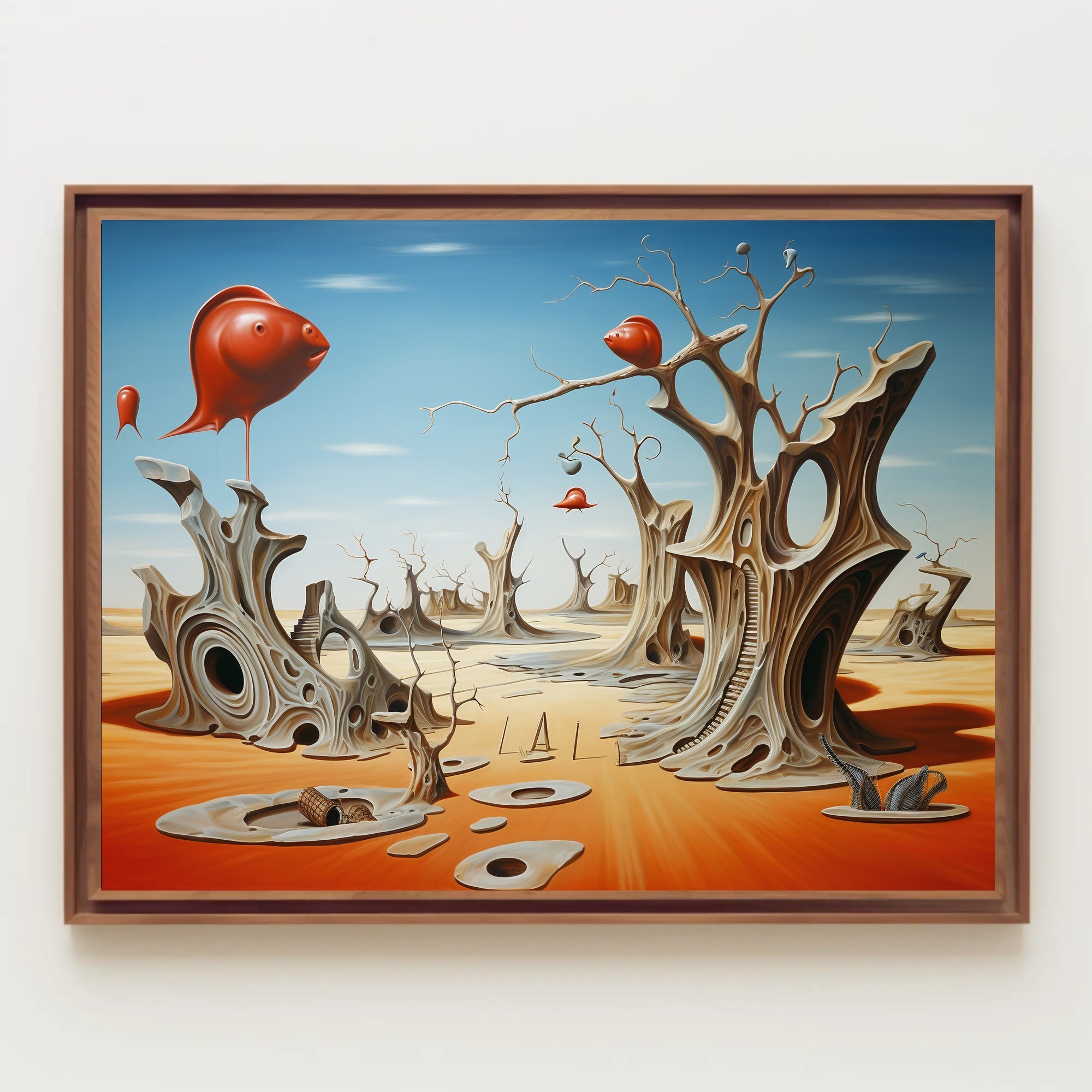 Surreal Desert Dreamscape With Whimsical Fish Objects - Artistic Poster