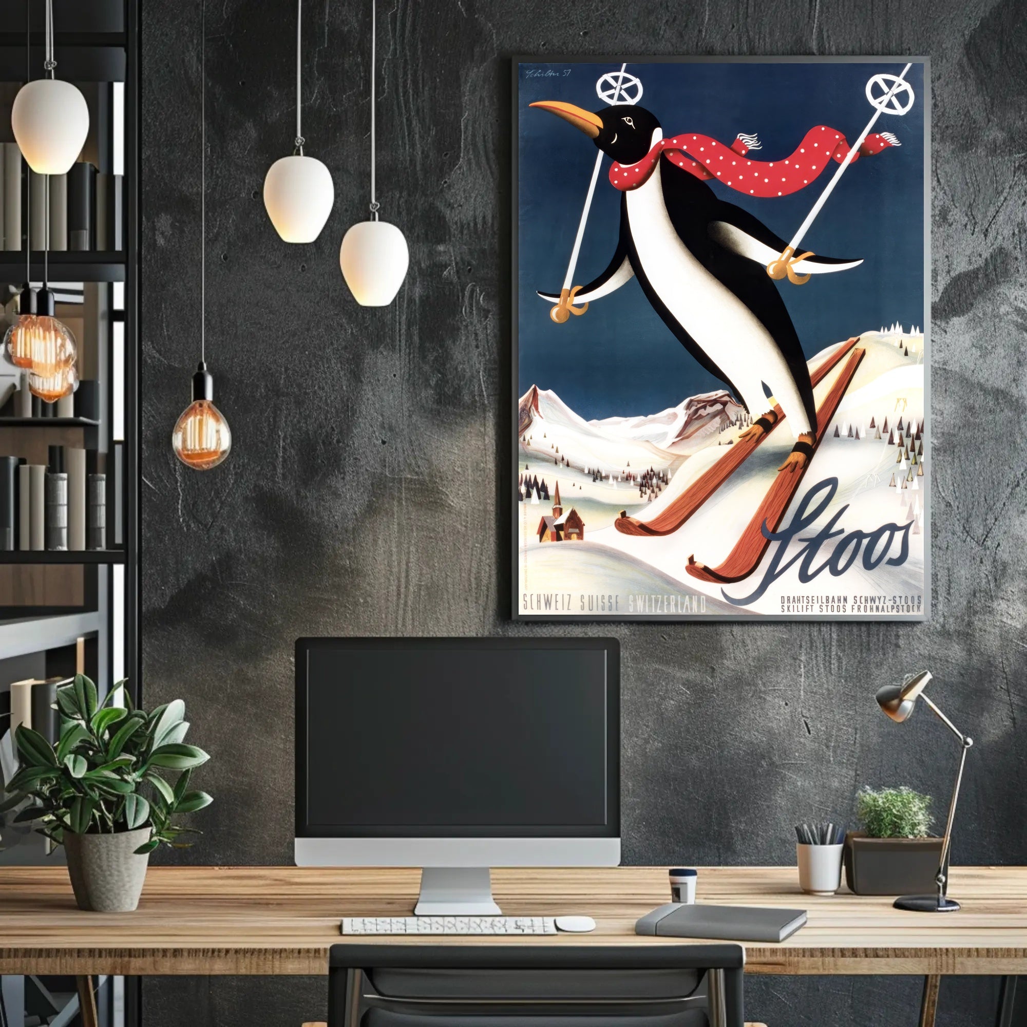 Whimsical Penguin Ski Adventure Travel Poster PosterGoat