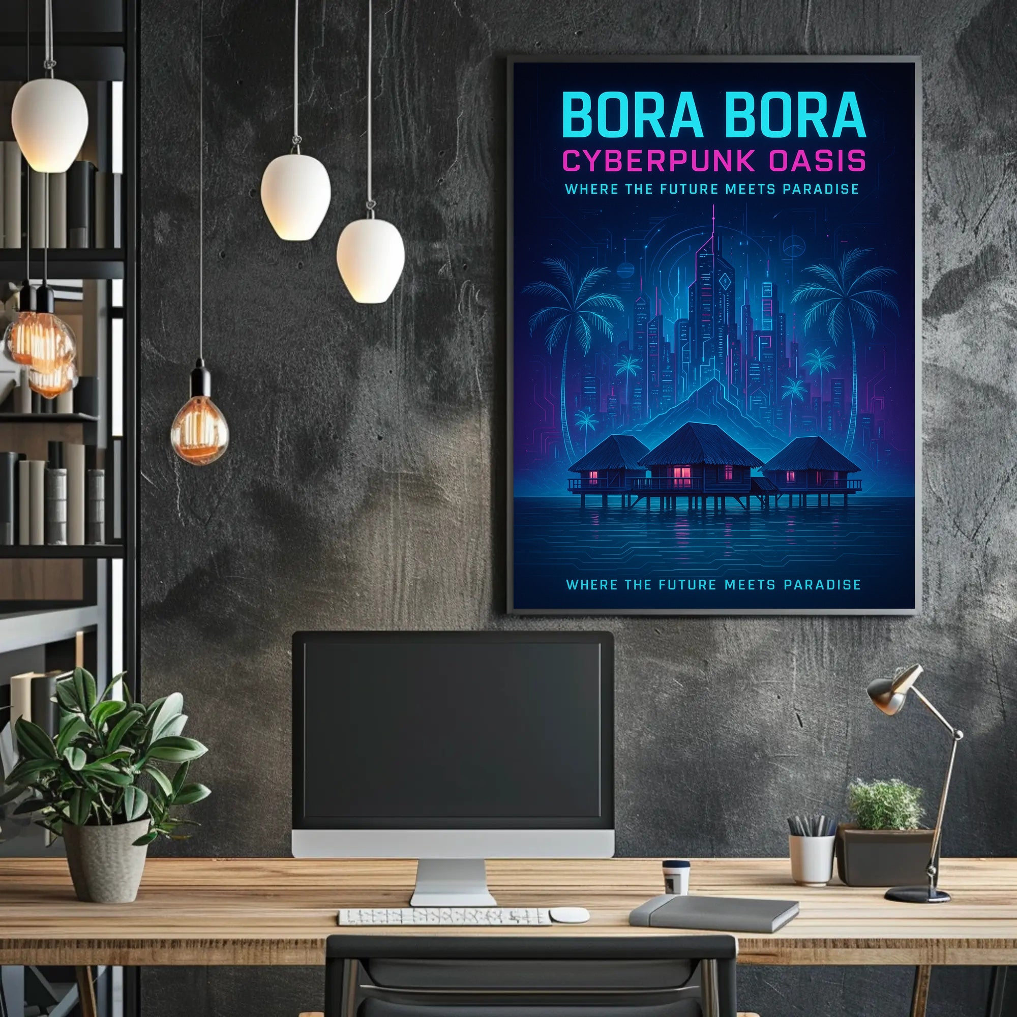 Bora Bora Cyberpunk Oasis: Futuristic Sci-Fi Poster PosterGoat