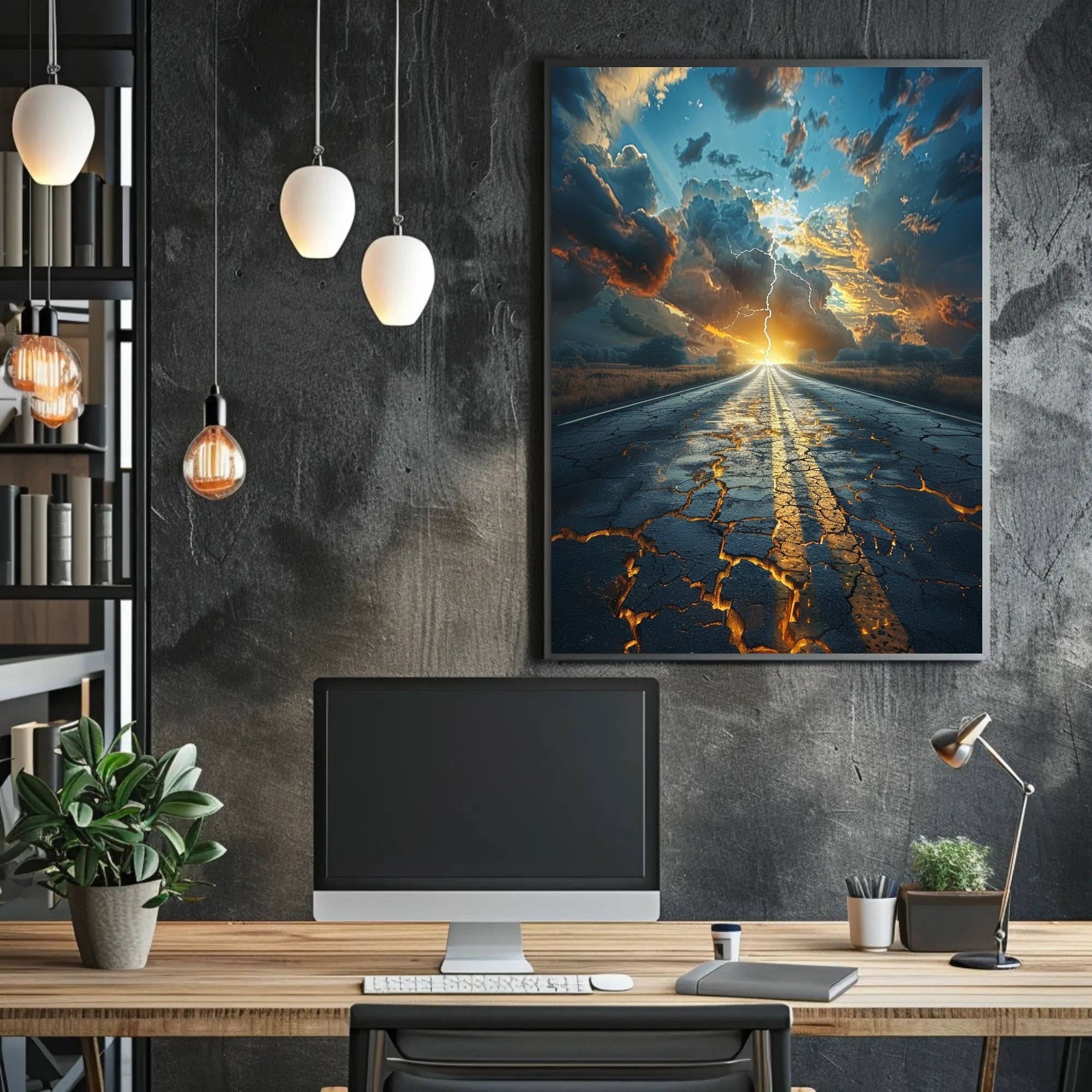 Road Lightning: Dramatic Landscape Surrealism Artistic Poster PosterGoat
