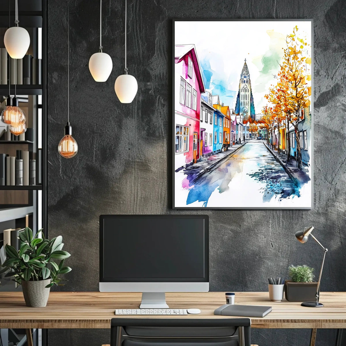 Iceland Reykjavik Colorful Street and Hallgrimskirkja Poster