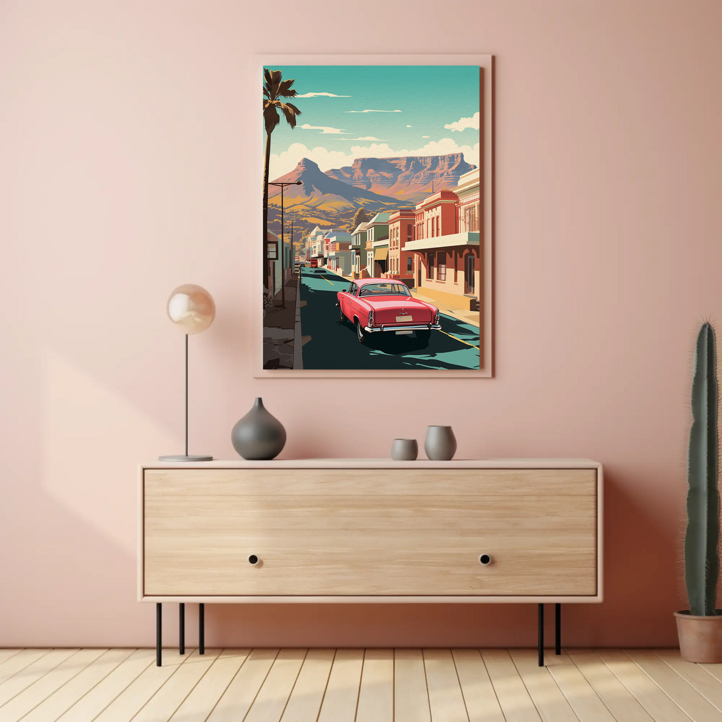 Cape Town Retro Car Colorful Buildings Scenic Travel Poster