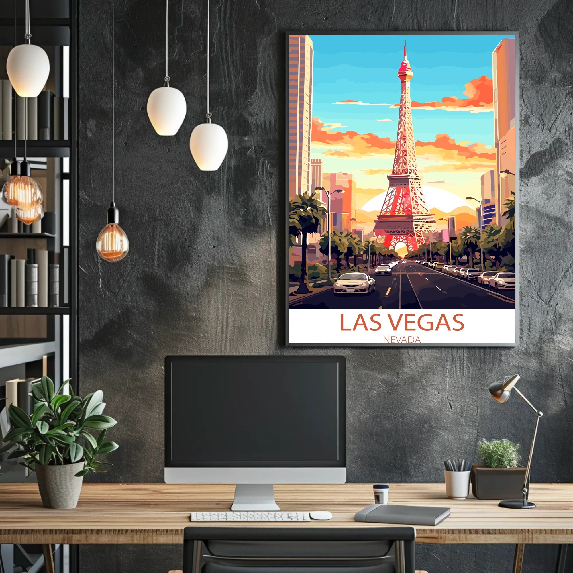 Las Vegas Cityscape with Eiffel Tower Travel Poster